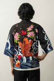 Haori Cosplay 'Koi x Sakura' — orange koi, waves, sakura and stars print kimono jacket