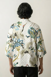 Haori 'Ishioka Edition' — pale floral and crane all-over print kimono jacket