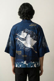 Haori Streetwear 'Tsuru Pattern' — indigo crane, peony and wave print kimono jacket