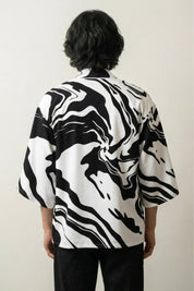 Haori Summer 'Yuokara' — black-and-white hidden-tiger brushstroke kimono jacket