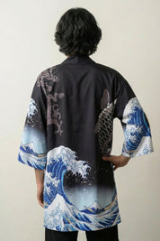 Happi Coat 'Koi Nami' — koi, great wave and Mount Fuji back print, open kimono jacket