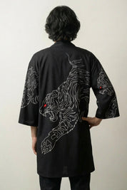 Happi Coat 'Kuro Tora' — tonal line-drawn tiger on black, open kimono jacket