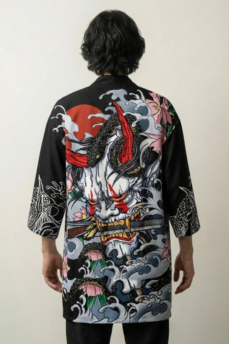 Happi Coat 'Oni Murō' — hannya demon and grey-wave back print, open kimono jacket