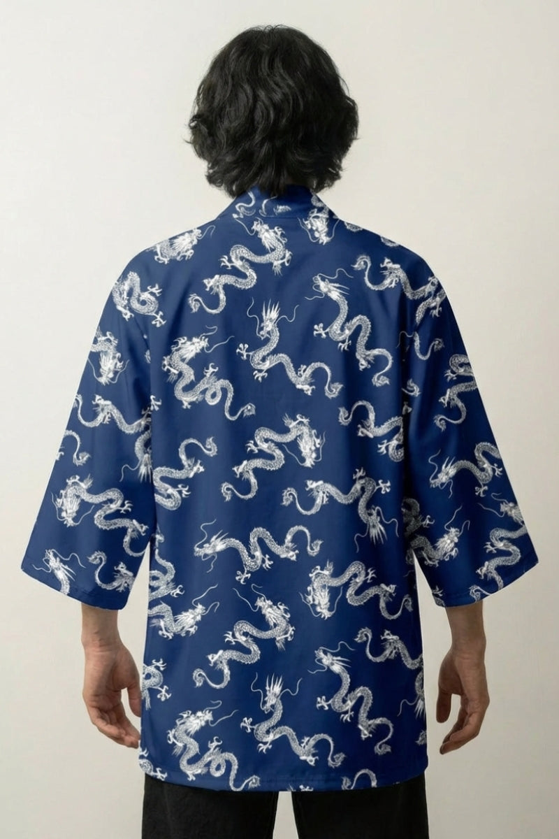 Back view of indigo happi coat