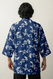 Back view of indigo happi coat