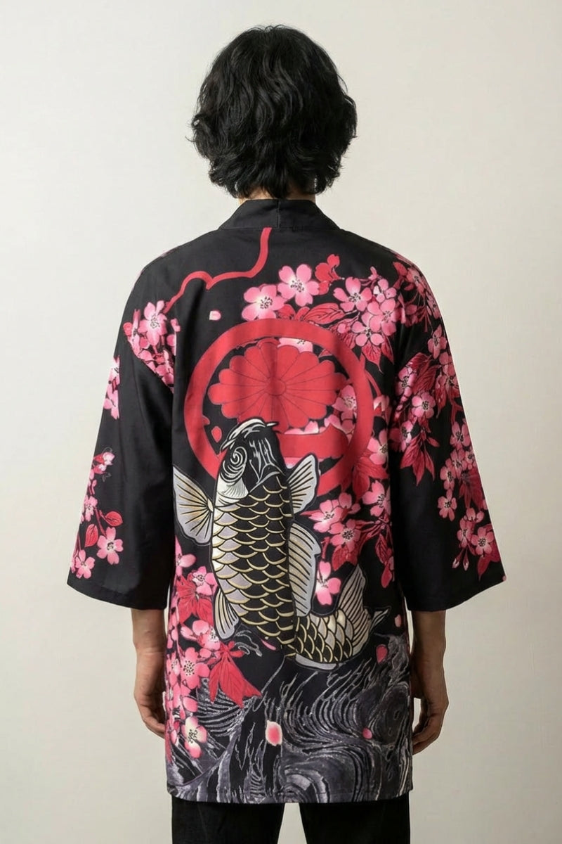 Back view of happi coat with sakura print