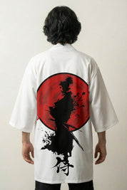 Happi Coat 'Samurai Akai' — samurai silhouette and red sun back print on white, open kimono jacket