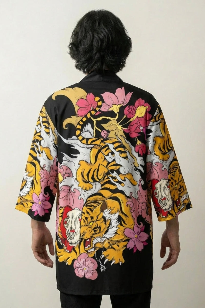 Happi Coat 'Tora Sakura' — orange tiger, sakura and gold-cloud back print, open kimono jacket