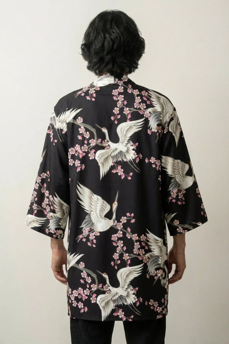 Happi Coat 'Tsuru Sakura' — white-crane and pink-sakura print on black, open kimono jacket