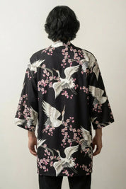 Happi Coat 'Tsuru Sakura' — white-crane and pink-sakura print on black, open kimono jacket
