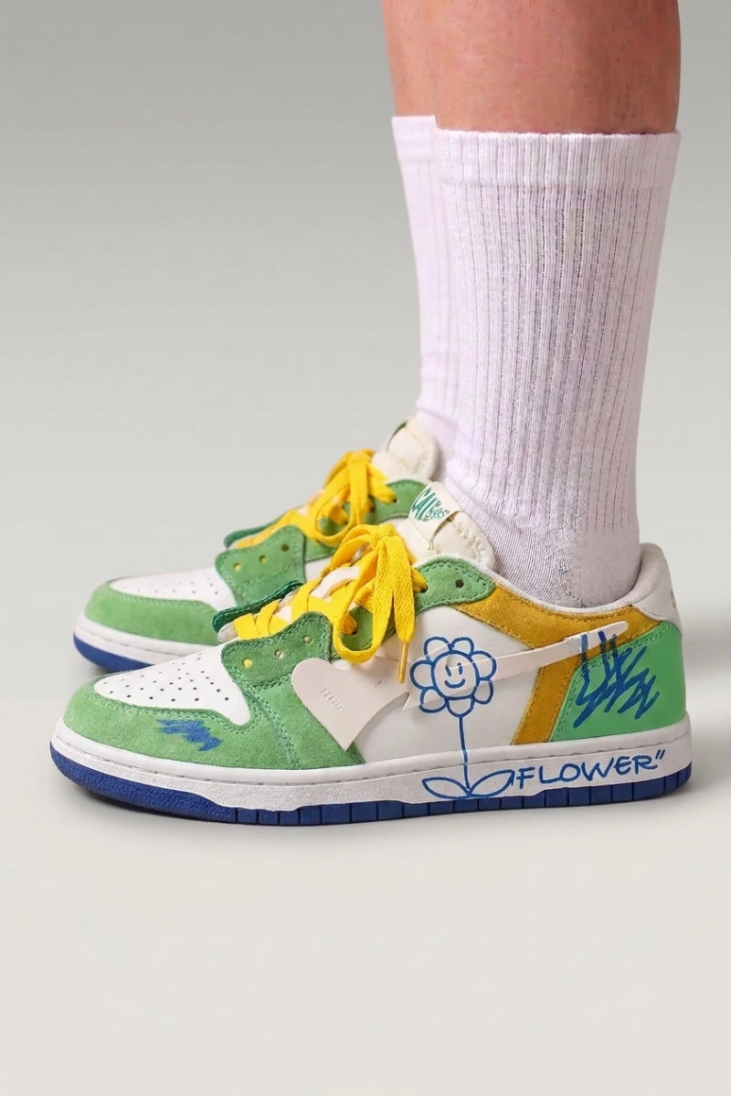 Green Japanese streetwear sneakers 'Hanabi', worn on foot with white socks — Japanese streetwear style