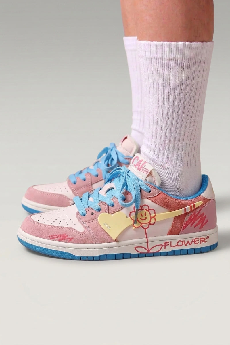 Pink Japanese streetwear sneakers 'Hanabi', worn on foot with white socks — Japanese streetwear style