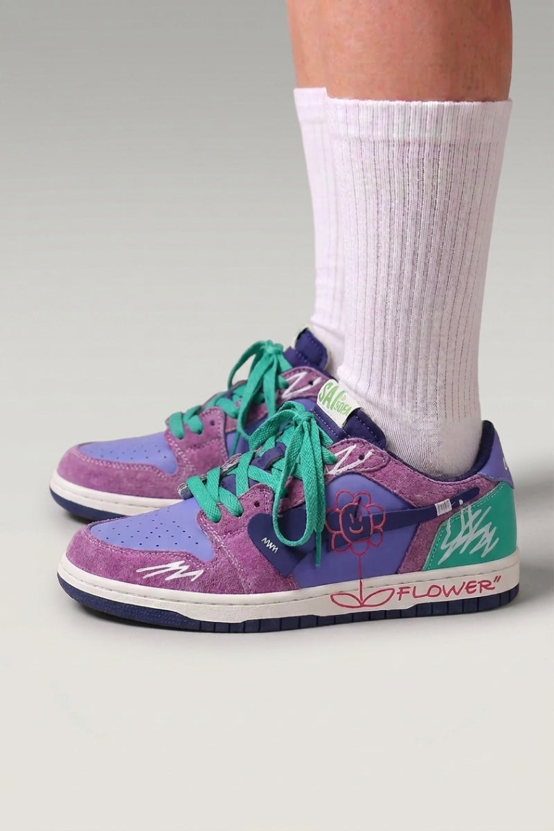 Purple Japanese streetwear sneakers 'Hanabi', worn on foot with white socks — Japanese streetwear style