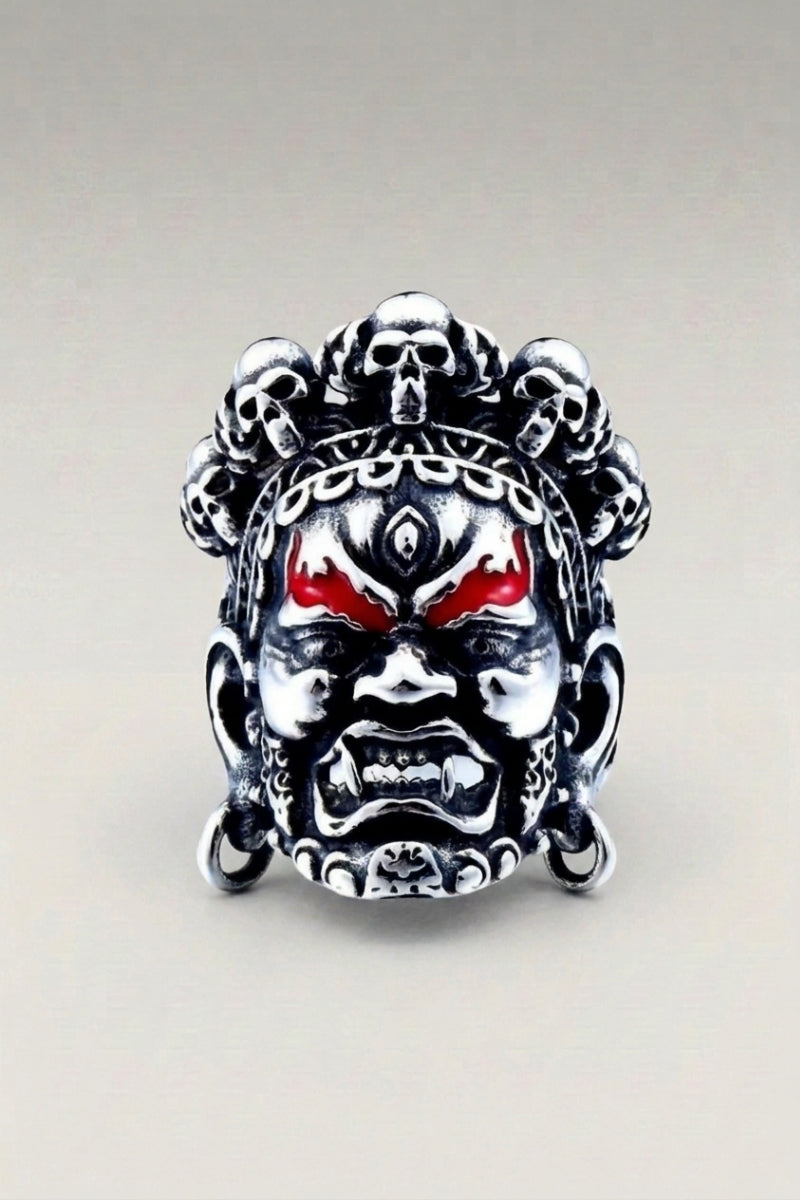 Hindu Steel Ring 'Shining' — Japanese silver ring, an engraved Hindu deity with red-accented eyes