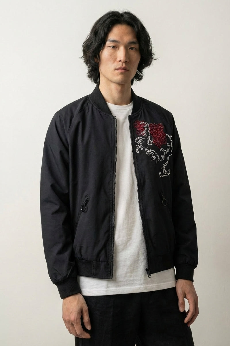 Japan Bomber Jacket 'Classical Ryu' — all-black sukajan, red dragon and waves embroidered