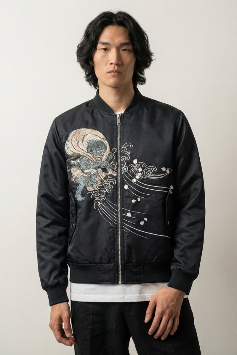 Japanese Bomber Jacket 'Yokai Oniri' — navy sukajan, dragon ringed in smoke and blossom embroidered