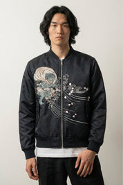 Japanese Bomber Jacket 'Yokai Oniri' — navy sukajan, dragon ringed in smoke and blossom embroidered