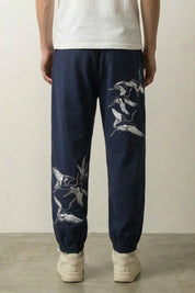 Japanese Casual Pants 'Aoi' — Japanese pants embroidered with a flight of cranes