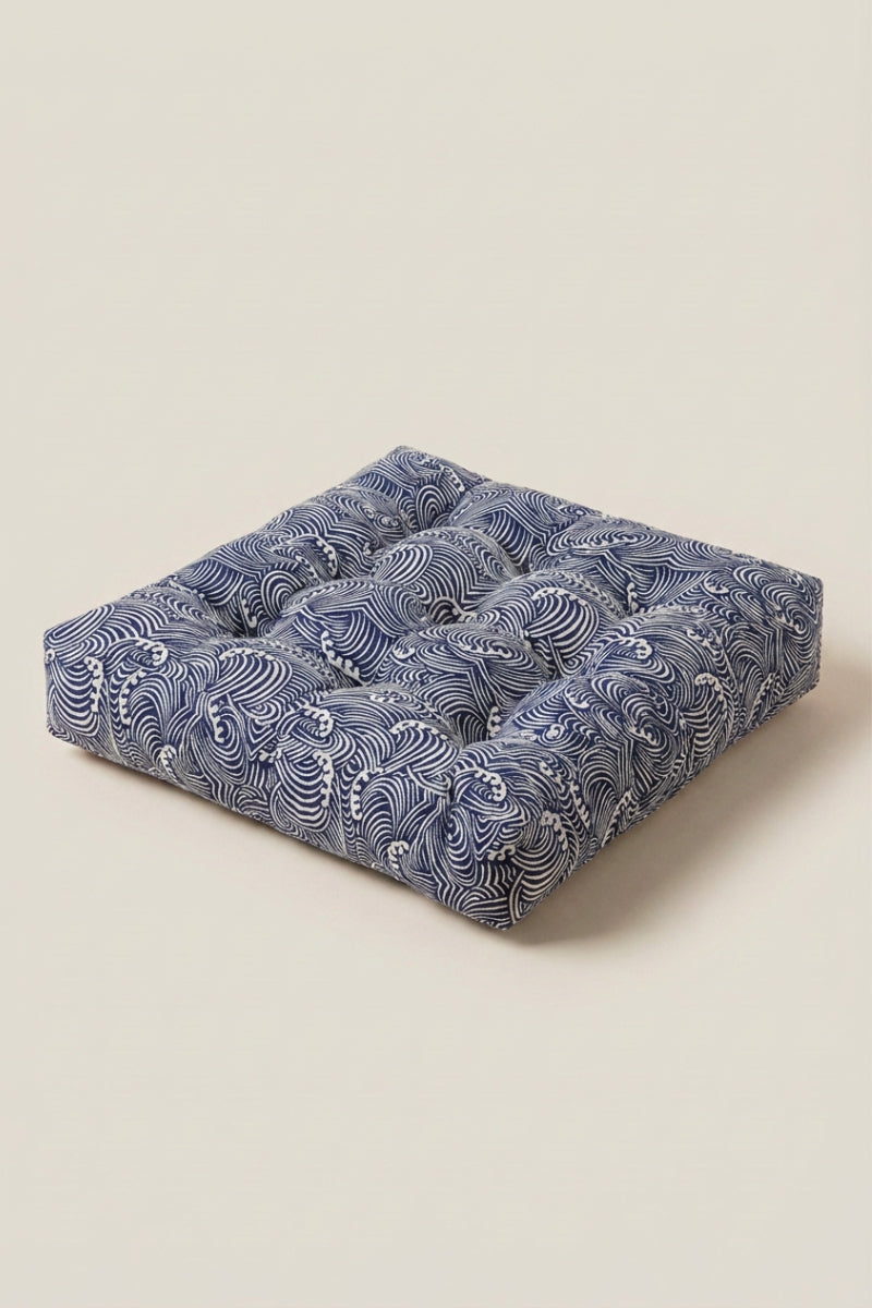 Japanese chair cushion 'Yashio' — Japanese floor cushion (zabuton), a thick square chair cushion in blue paisley print