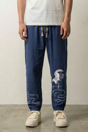 Japanese Crane Pants 'Tsuru' — Japanese jogger embroidered with a white crane