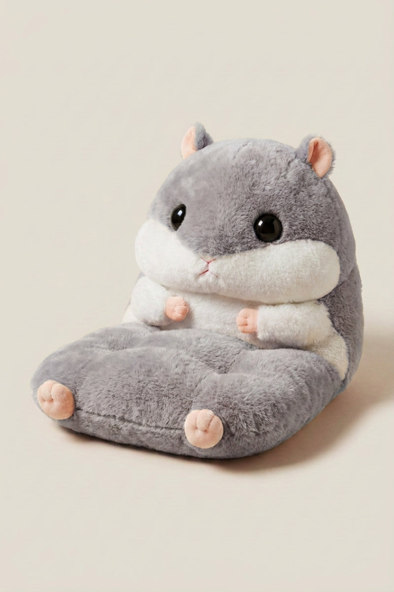 Japanese cushion for children 'Hamusuta' — Japanese floor cushion (zabuton), a plush grey hamster-shaped kawaii floor seat cushion for children