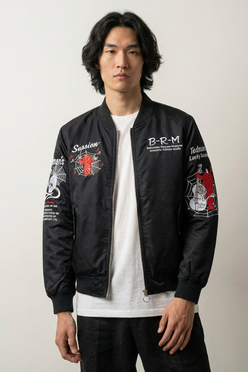 Japanese Demon Jacket 'Devil Session' — black sukajan bomber, skull, serpent and lettering, zip front