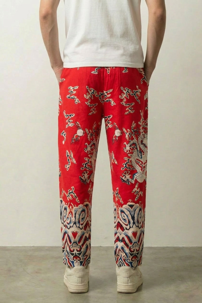 Japanese Dragon Pants 'Ryūjin' — Japanese pants with an all-over dragon and wave print