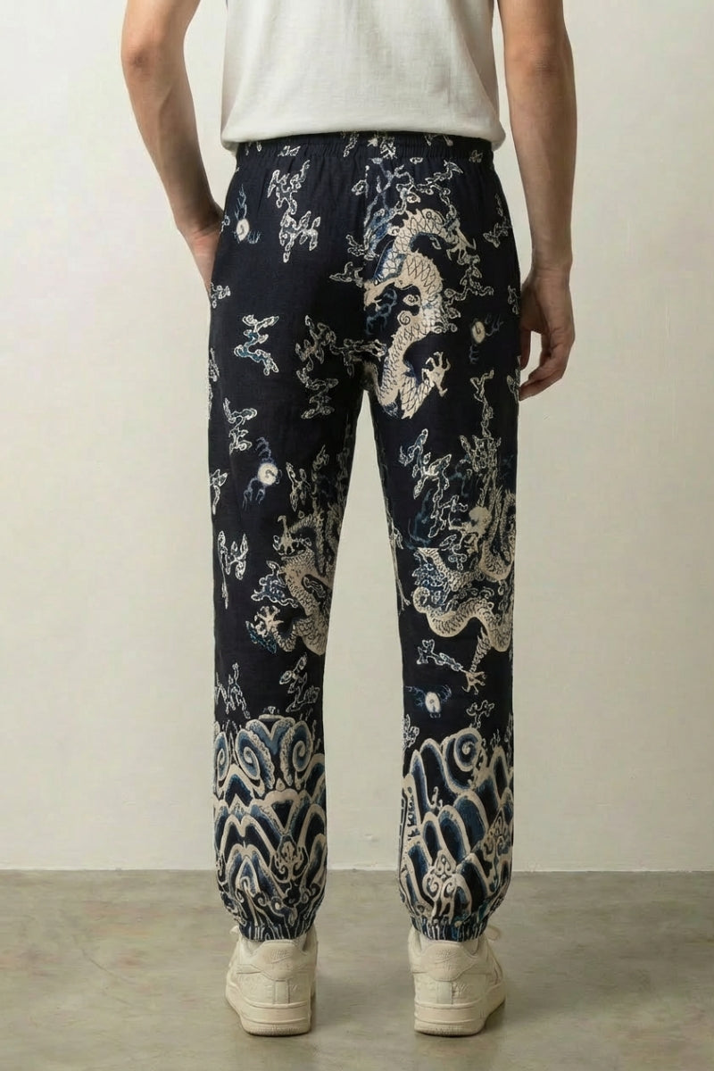 Detail view of japanese pants with dragon print - Japanese Dragon Pants Ryūjin