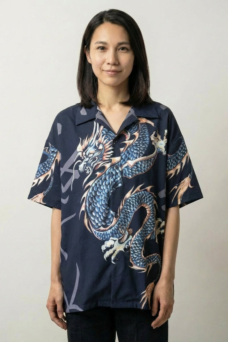 Japanese dragon shirt Ryu-jin in blue, showing the dragon's scales picked out in fine detail across the satin-finish cloth