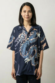Japanese dragon shirt Ryu-jin in blue, showing the dragon's scales picked out in fine detail across the satin-finish cloth