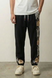 Japanese Floral Pants 'Sakura' — Japanese linen-blend jogger with a floral kimono side panel