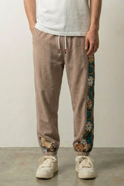 Japanese Floral Pants 'Sakura' — Japanese linen-blend jogger with a floral kimono side panel