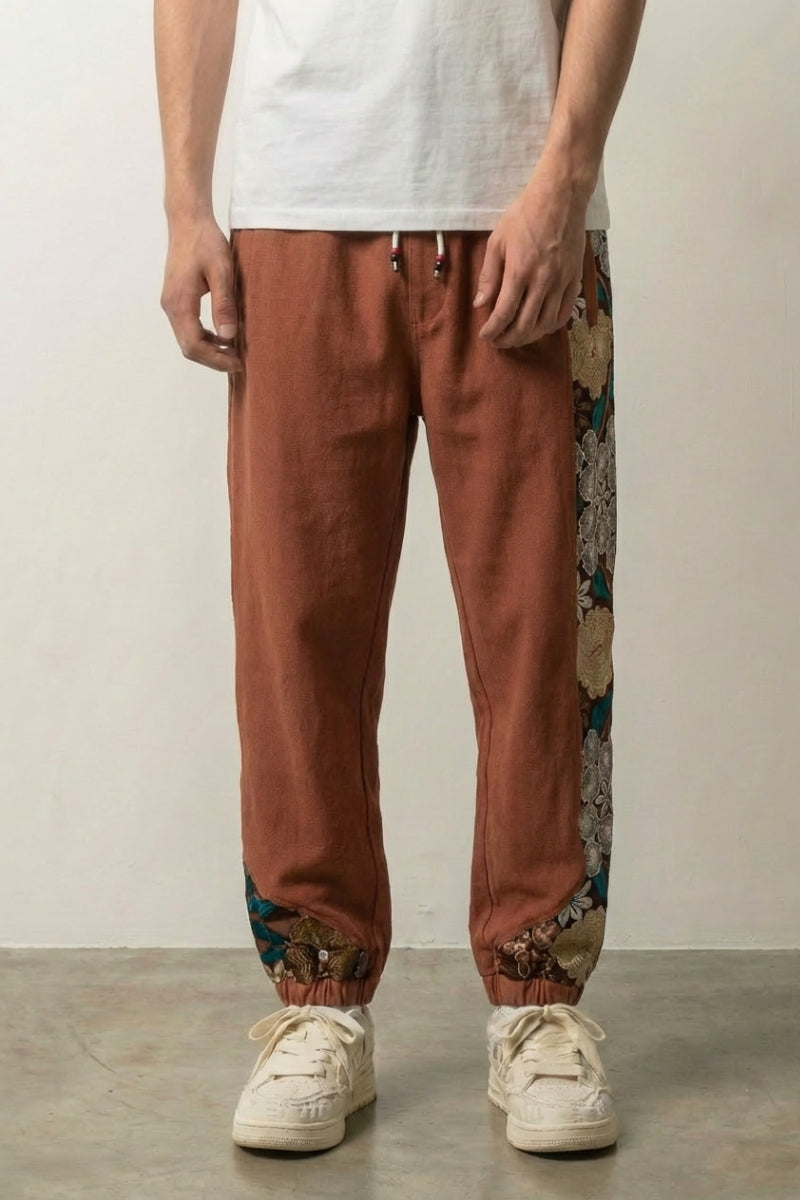 Japanese Floral Pants 'Sakura' — Japanese linen-blend jogger with a floral kimono side panel