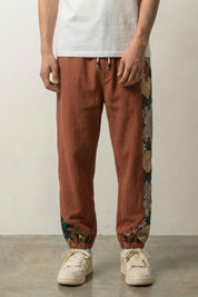 Japanese Floral Pants 'Sakura' — Japanese linen-blend jogger with a floral kimono side panel