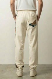 Japanese Floral Pants 'Sakura' — Japanese linen-blend jogger with a floral kimono side panel