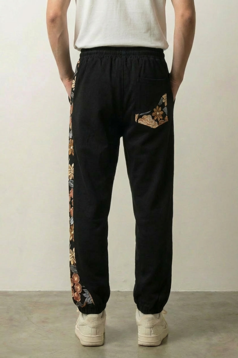 Japanese Floral Pants 'Sakura' — Japanese linen-blend jogger with a floral kimono side panel