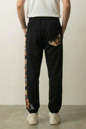 Japanese Floral Pants 'Sakura' — Japanese linen-blend jogger with a floral kimono side panel
