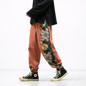 Japanese Floral Pants 'Sakura' - Red Orange