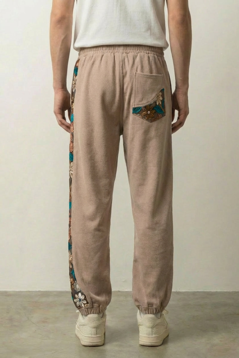 Japanese Floral Pants 'Sakura' — Japanese linen-blend jogger with a floral kimono side panel