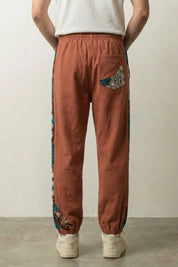 Japanese Floral Pants 'Sakura' — Japanese linen-blend jogger with a floral kimono side panel