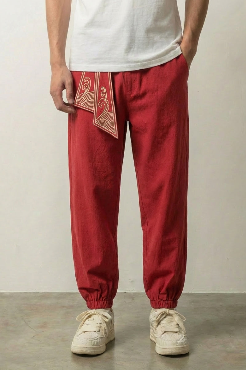 Japanese Harem Pants 'Raijin' — Japanese harem pants with a printed wave sash