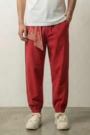 Japanese Harem Pants 'Raijin' — Japanese harem pants with a printed wave sash