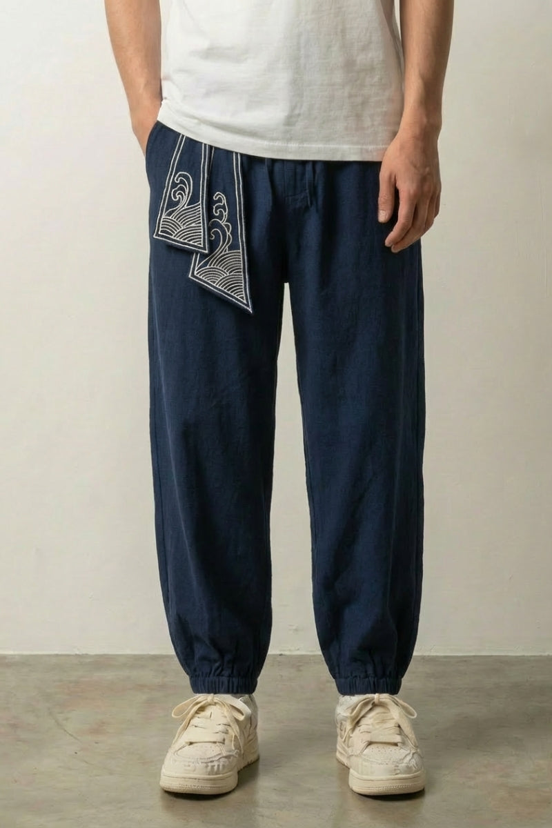Japanese Harem Pants 'Raijin' — Japanese harem pants with a printed wave sash