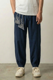 Japanese Harem Pants 'Raijin' — Japanese harem pants with a printed wave sash