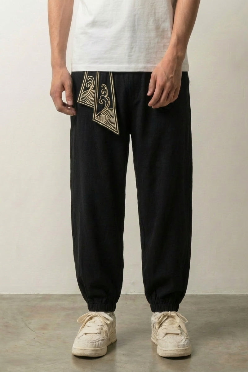 Japanese Harem Pants 'Raijin' — Japanese harem pants with a printed wave sash