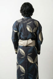 Japanese Kimono for Men 'Ichihane' — navy men's kimono, bold leaf-and-feather print