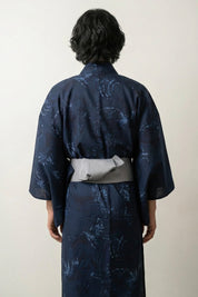 Japanese Kimono Men 'Aionami' — indigo men's kimono, tone-on-tone foliage print