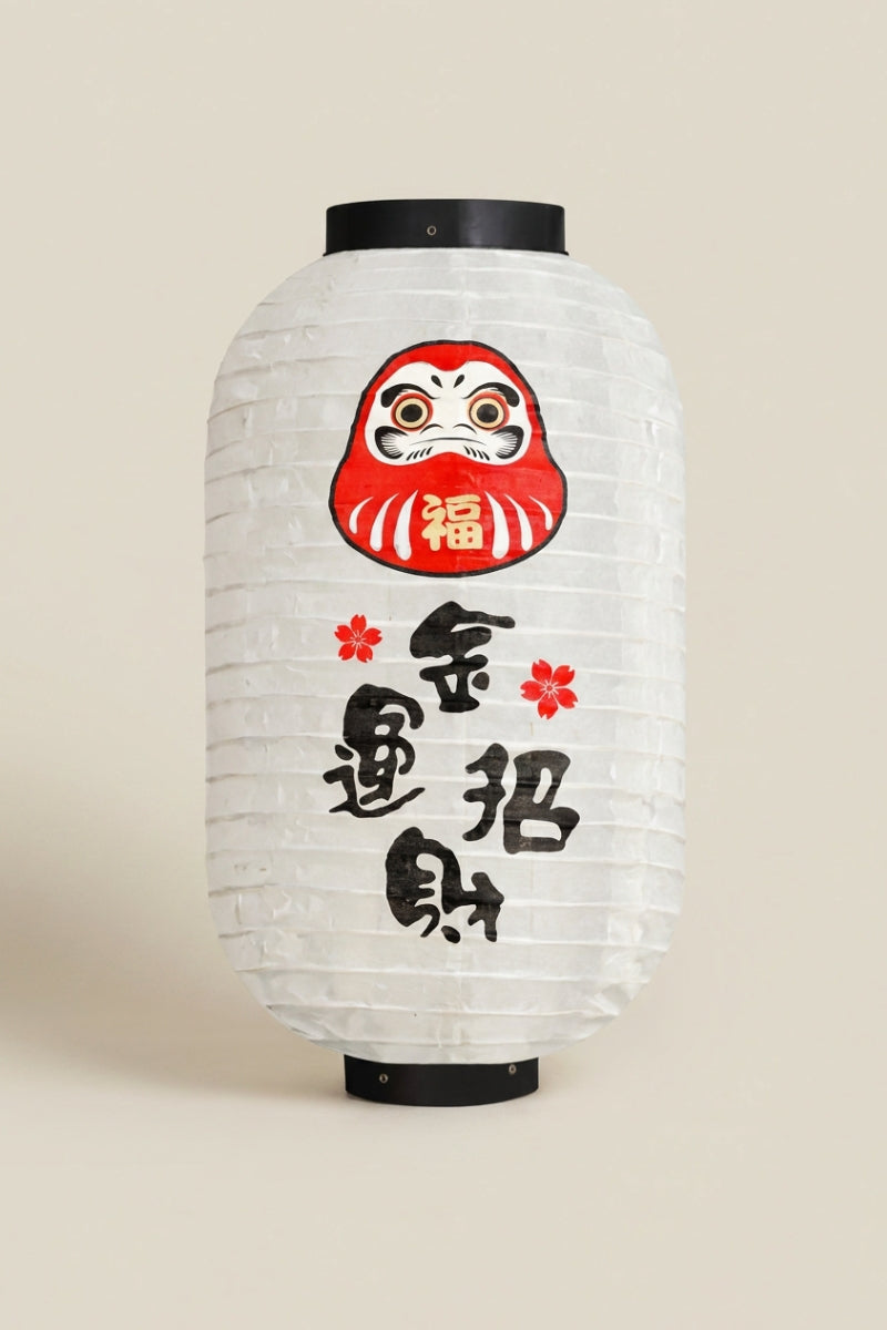 Japanese paper lantern Tottori — Japanese paper lantern, a white paper lantern printed with a red daruma and gold Japanese calligraphy