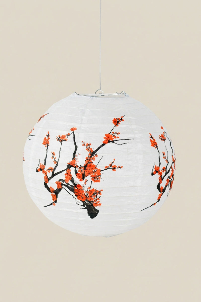 Japanese paper lantern — Japanese paper lantern, a white round paper lantern painted with red plum blossom branches
