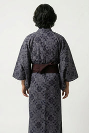 Japanese Pattern Kimono 'Hanamon' — grey-blue men's kimono, fine komon floral print